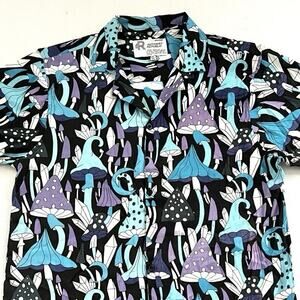 Refinery Republic Men Blue Black Mushroom Print Short Sleeve Button Camp Shirt M